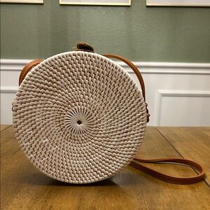 Round Woven Straw White Crossbody Bag